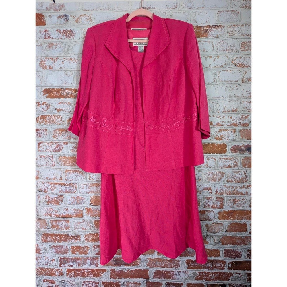 Jessica Howard Dress Suit Women 18WP Pink Vintage 2pc Linen Blend Embroidered